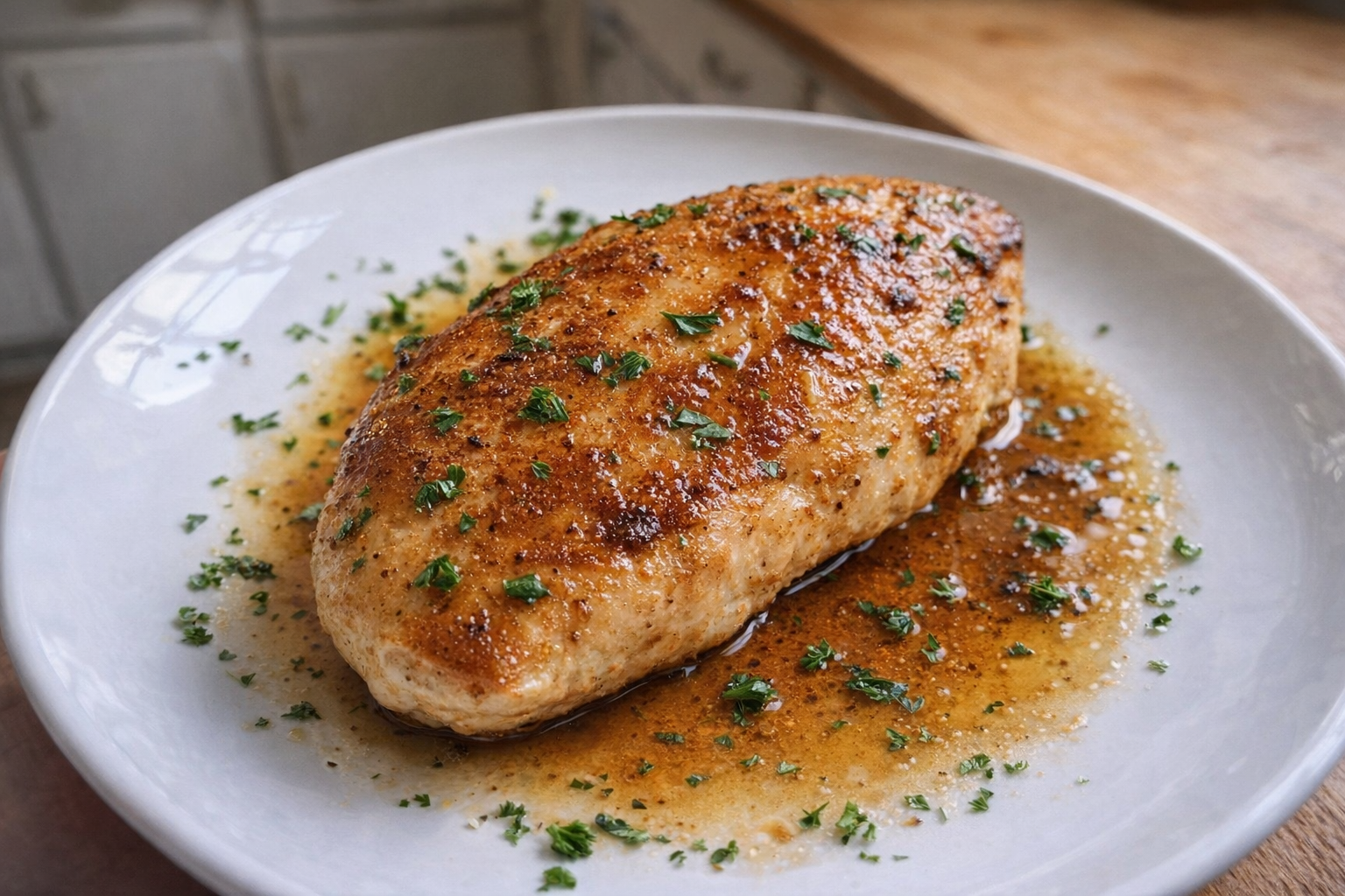 An overhead shot of a perfectly pan-fried chicken breast on a white plate, golden brown and glistening with pan juices, parsley garnish